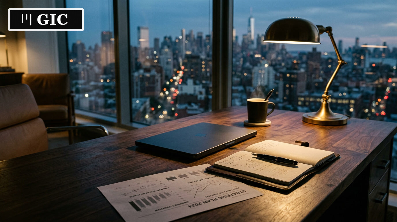 Executive desk with laptop, reports, and notebook suggesting strategic analysis of economic cycles.
