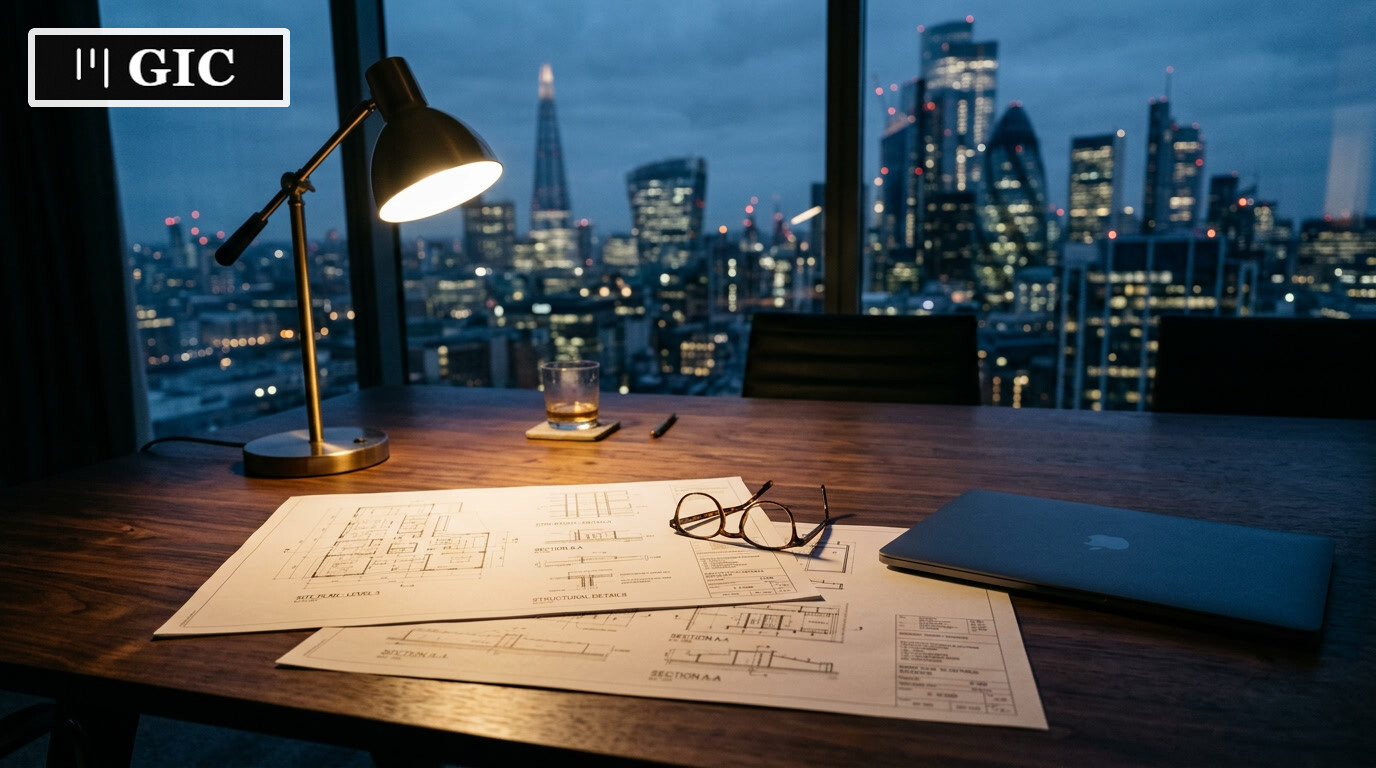 Elegant still-life scene of documents and laptop on a conference table, suggesting strategic decisions about AI and M&A.