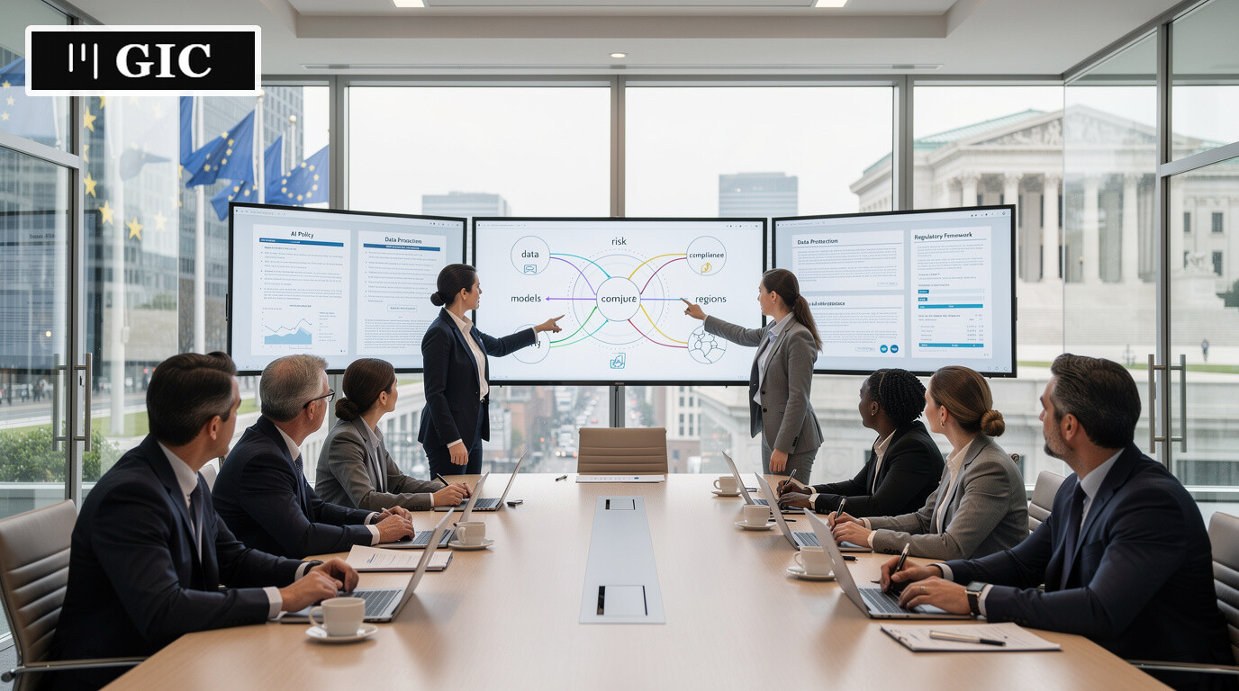 Executives and specialists reviewing AI system diagrams alongside regulatory documents in a modern meeting room.