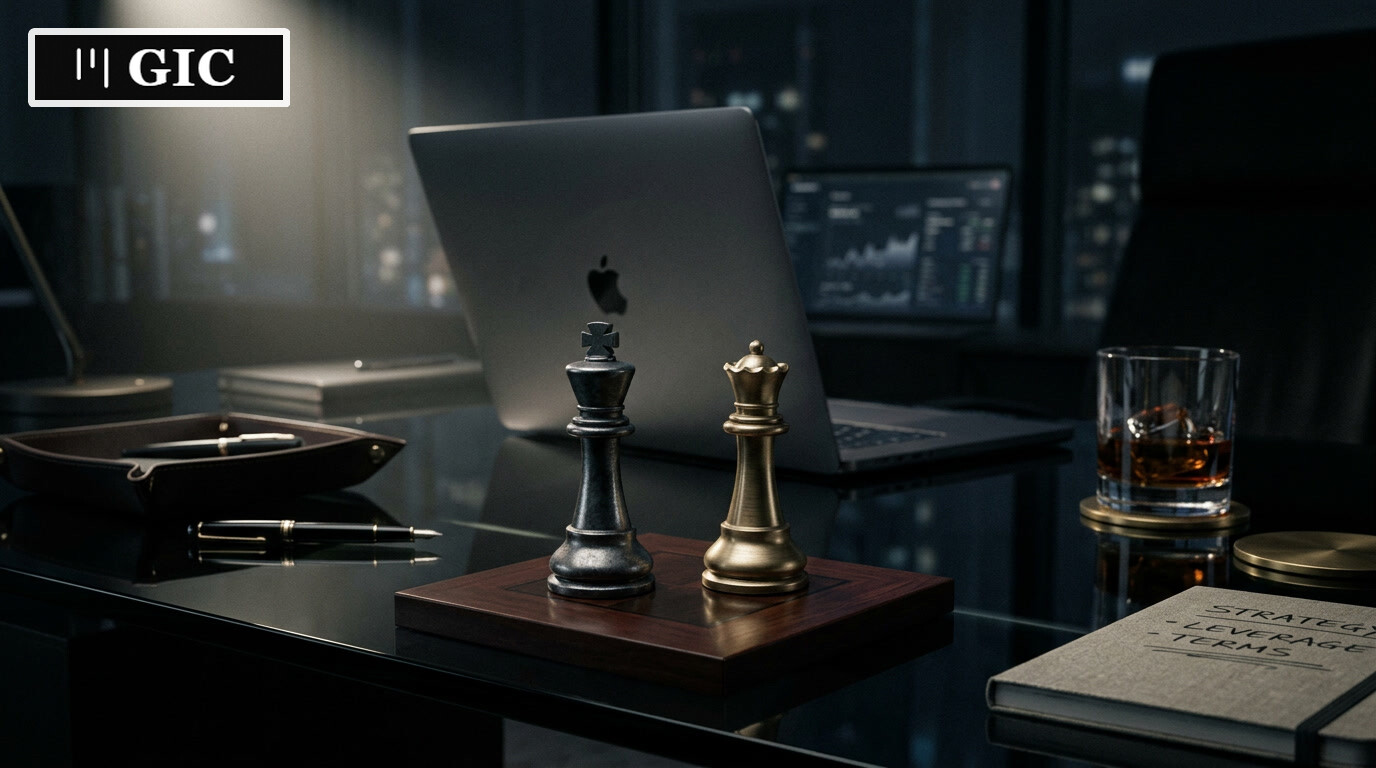 Cinematic still-life of a high-end executive desk with chess pieces symbolizing strategic supplier decisions in AI services.