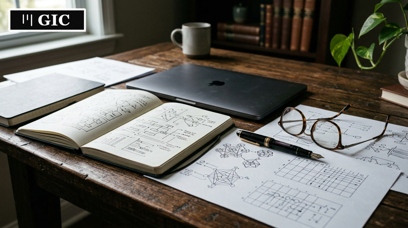 Premium still-life photograph of documents and tools for strategic AI services segmentation work on a table.