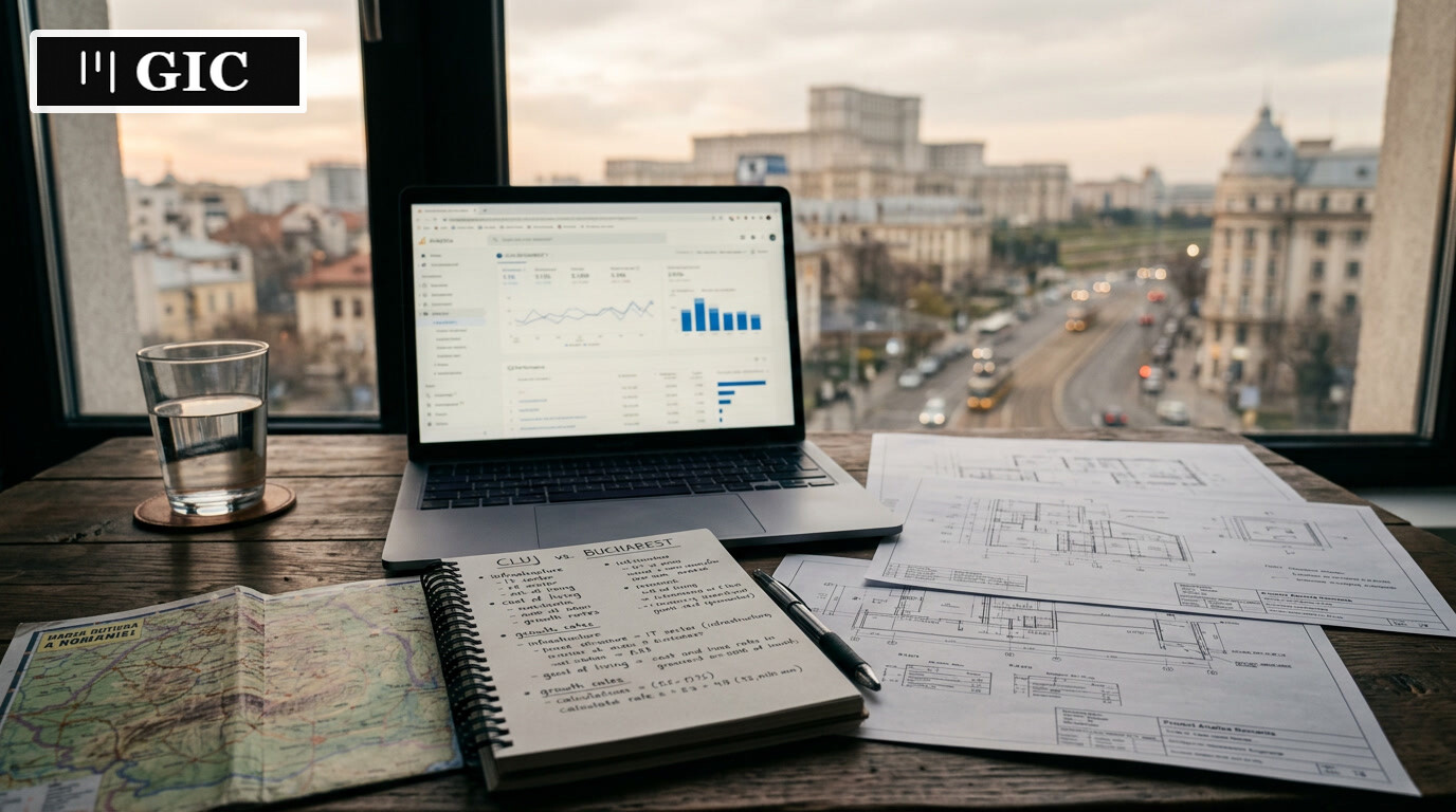 Desk in Bucharest with laptop, Romania map, and documents used to compare AI development providers.