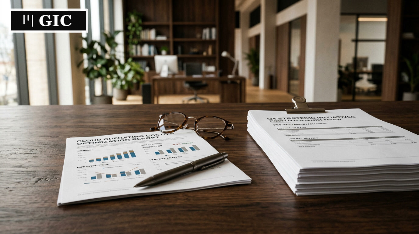 Cinematic still-life of AI services pricing documents and glasses on a desk, suggesting careful margin analysis.