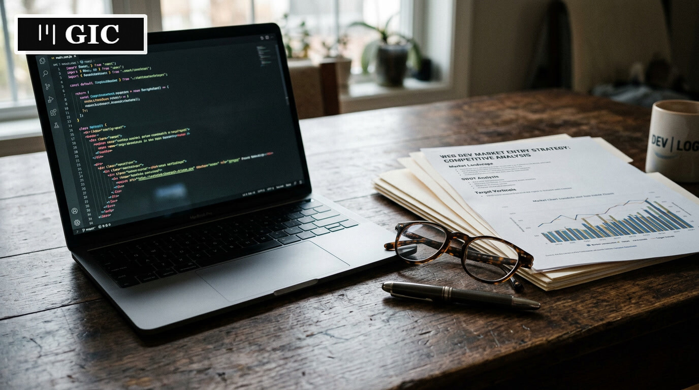 Elegant still-life photo of a laptop with code, documents, and glasses symbolizing analysis of demand for web development services.