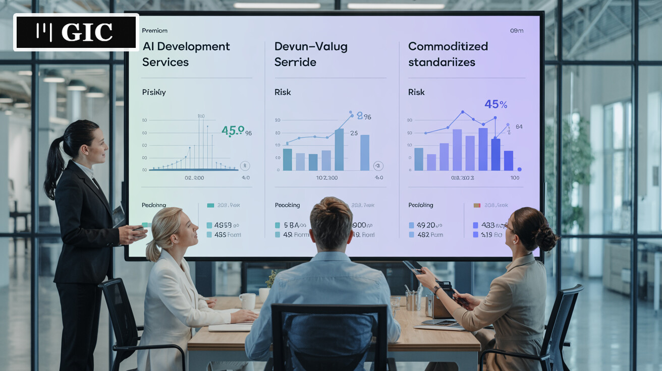Enterprise procurement team analyzing premium versus commoditized AI development services on a digital dashboard.