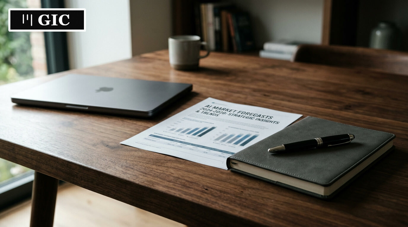 Premium still-life scene of a market report and notebook on a table, evoking careful analysis of AI development services forecasts.