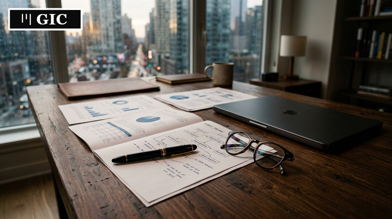 Premium still-life photo of a desk with market analysis documents, laptop, pen, and glasses in soft light, suggesting rigorous validation of AI services market data.