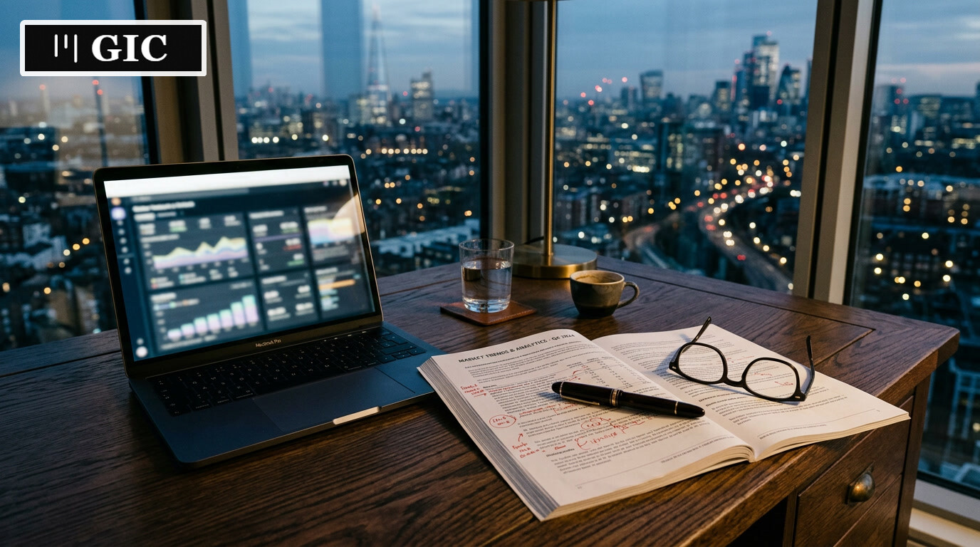 Executive desk with AI market report, laptop and glasses in soft dusk light suggesting strategic analysis.