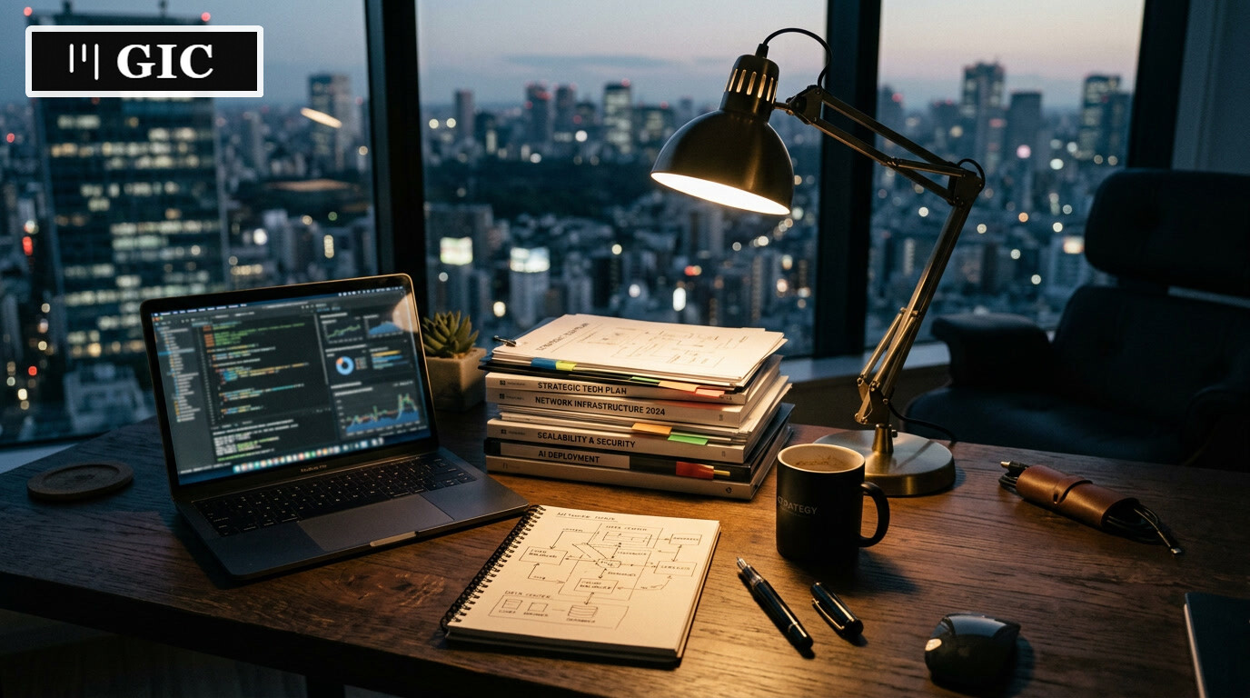 Premium still-life scene of a desk with laptop and documents suggesting strategic AI market analysis