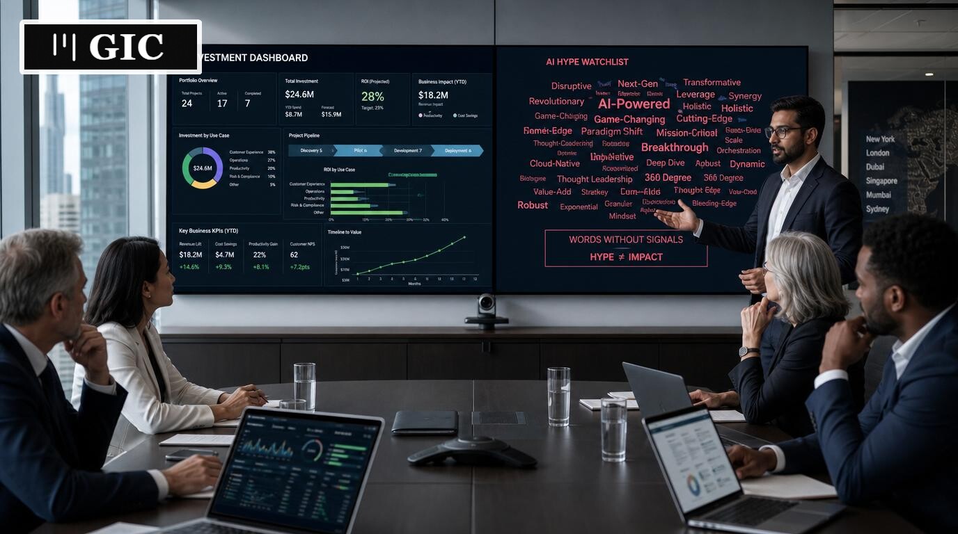Executives reviewing data and charts that contrast real performance metrics with AI hype buzzwords on screens.