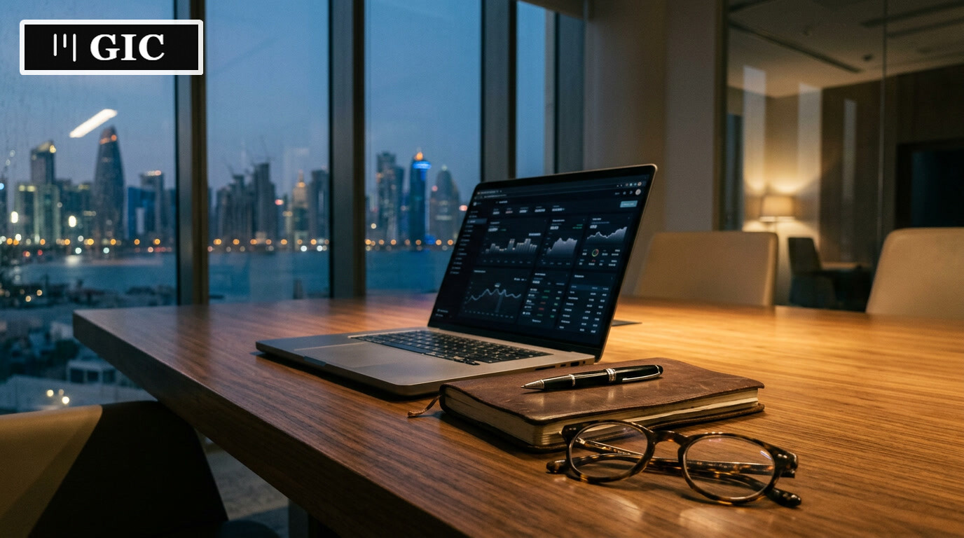 Quiet conference table with laptop and notebook overlooking Doha skyline, suggesting strategic AI planning in Qatar.