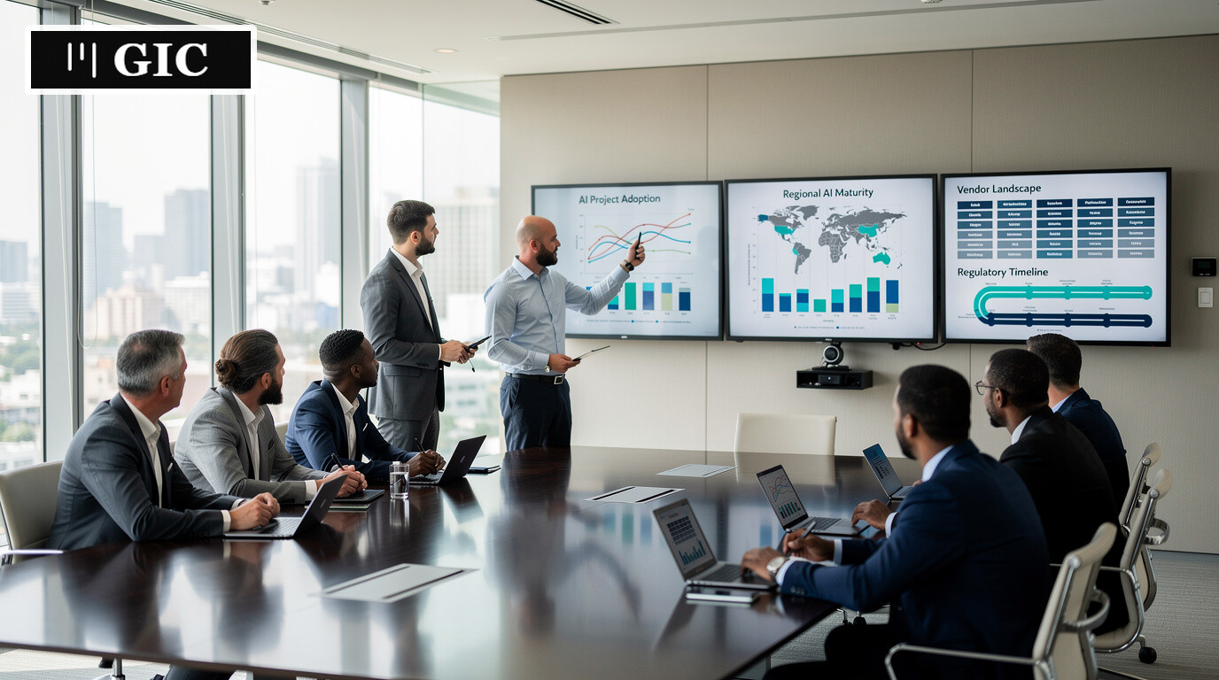 Executives reviewing dashboards on AI adoption and market signals in a modern boardroom.